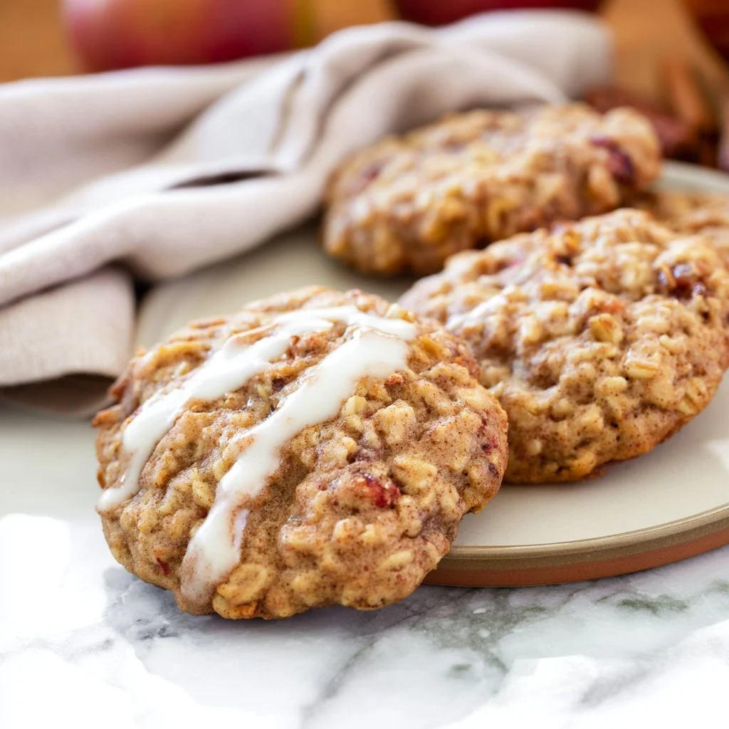 Chewy apple cinnamon oatmeal cookies on a rustic wooden table