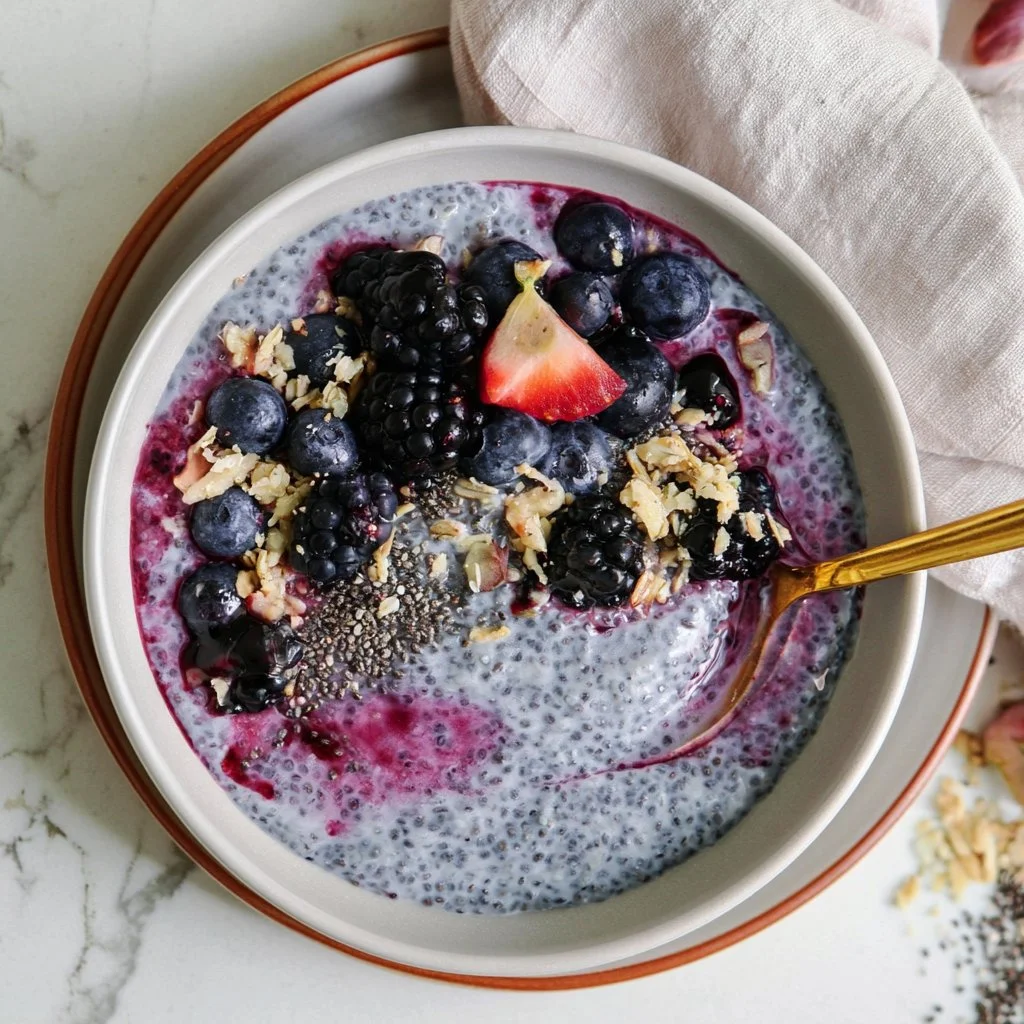 High-fiber berry chia seed pudding served in a bowl with fresh fruits