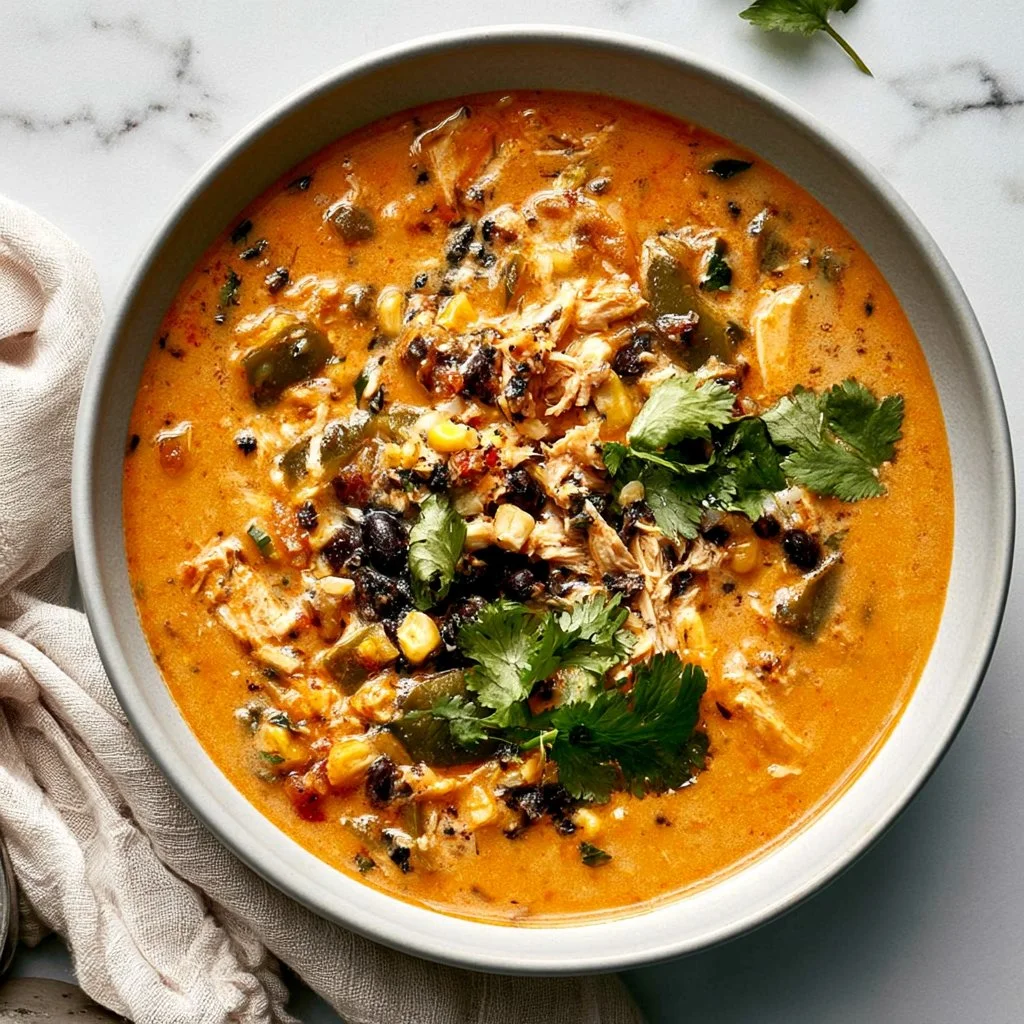 Delicious Chicken Poblano Soup with black beans and spices