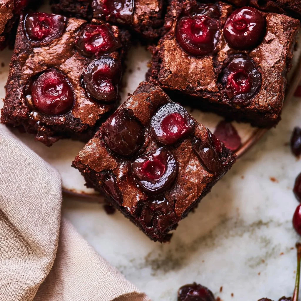 Delicious fudgy Chocolate Cherry Brownies topped with cherries