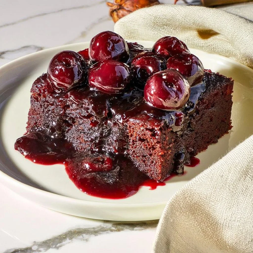 Delicious Chocolate Cherry Upside-Down Cake with rich chocolate and cherries.