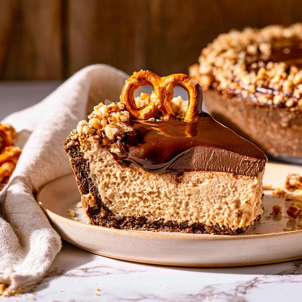Delicious Chocolate Peanut Butter Pie topped with crunchy pretzels