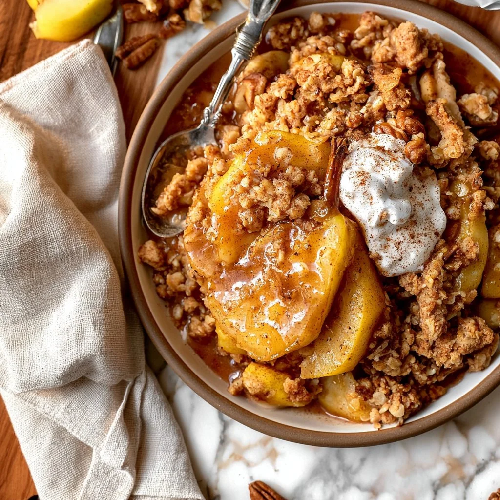 Delicious Cinnamon Pear Crumble dessert in a baking dish, topped with a crispy crumble.
