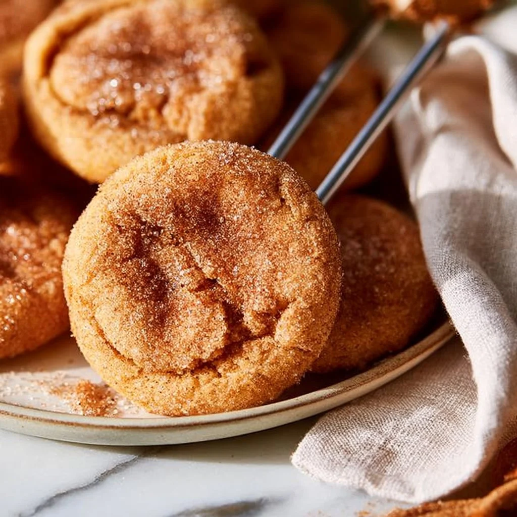 Soft-baked pumpkin snickerdoodles dusted with cinnamon sugar on a baking sheet.