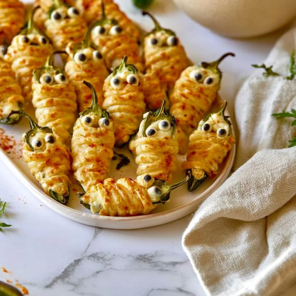 Cream Cheese Jalapeño Poppers in mummy wrap for Halloween celebration