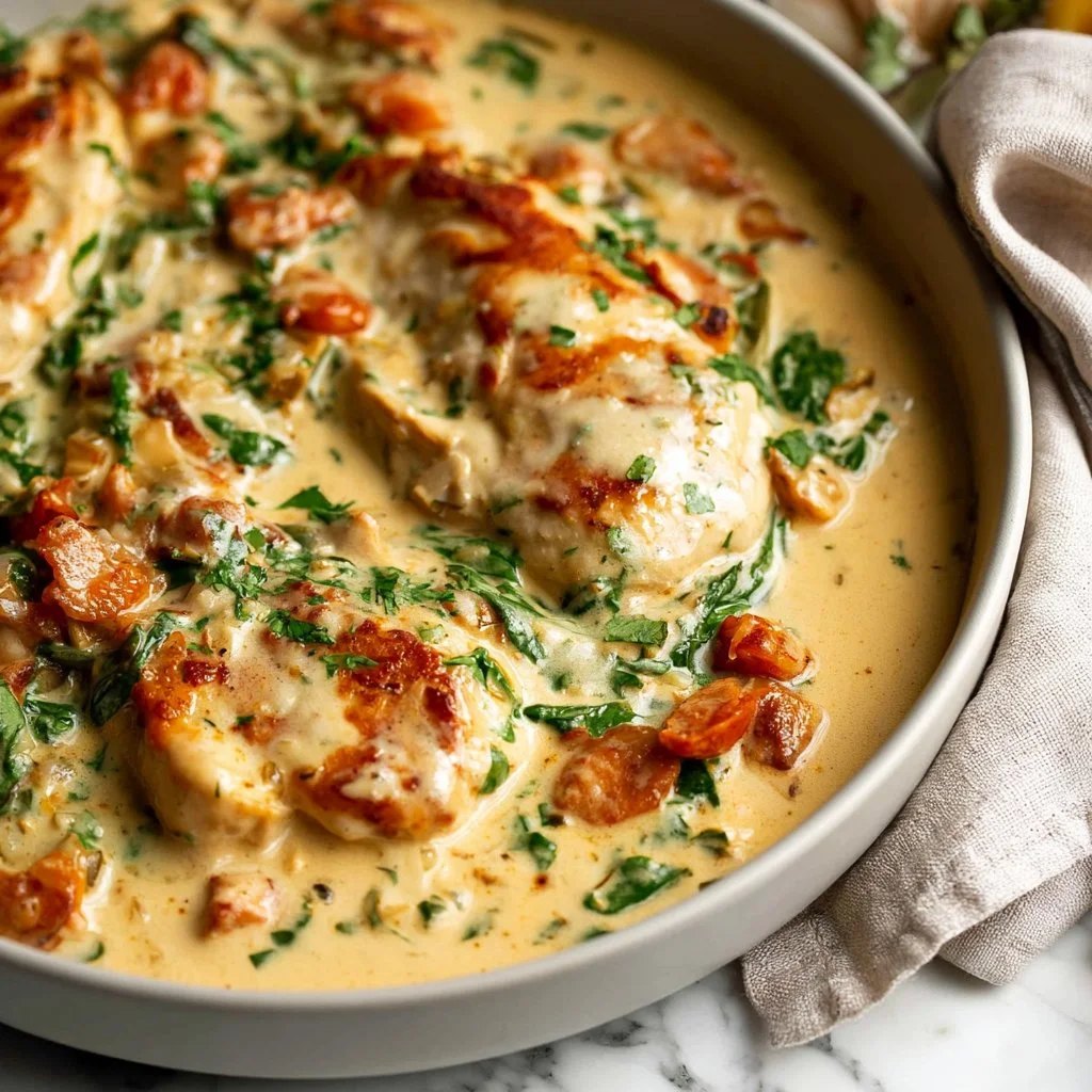 Creamy Tuscan garlic chicken skillet with herbs and spices