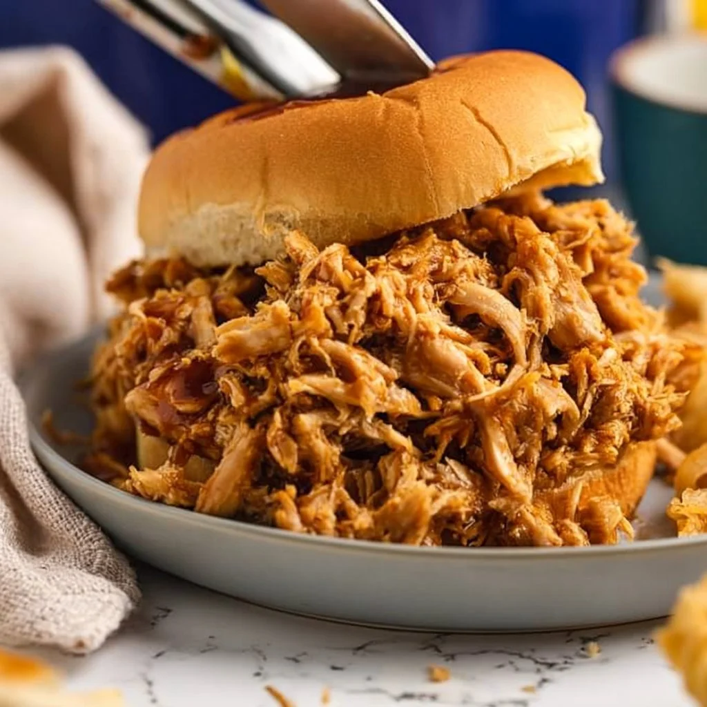 Crockpot Honey Garlic Pulled Chicken Sandwiches served on a plate