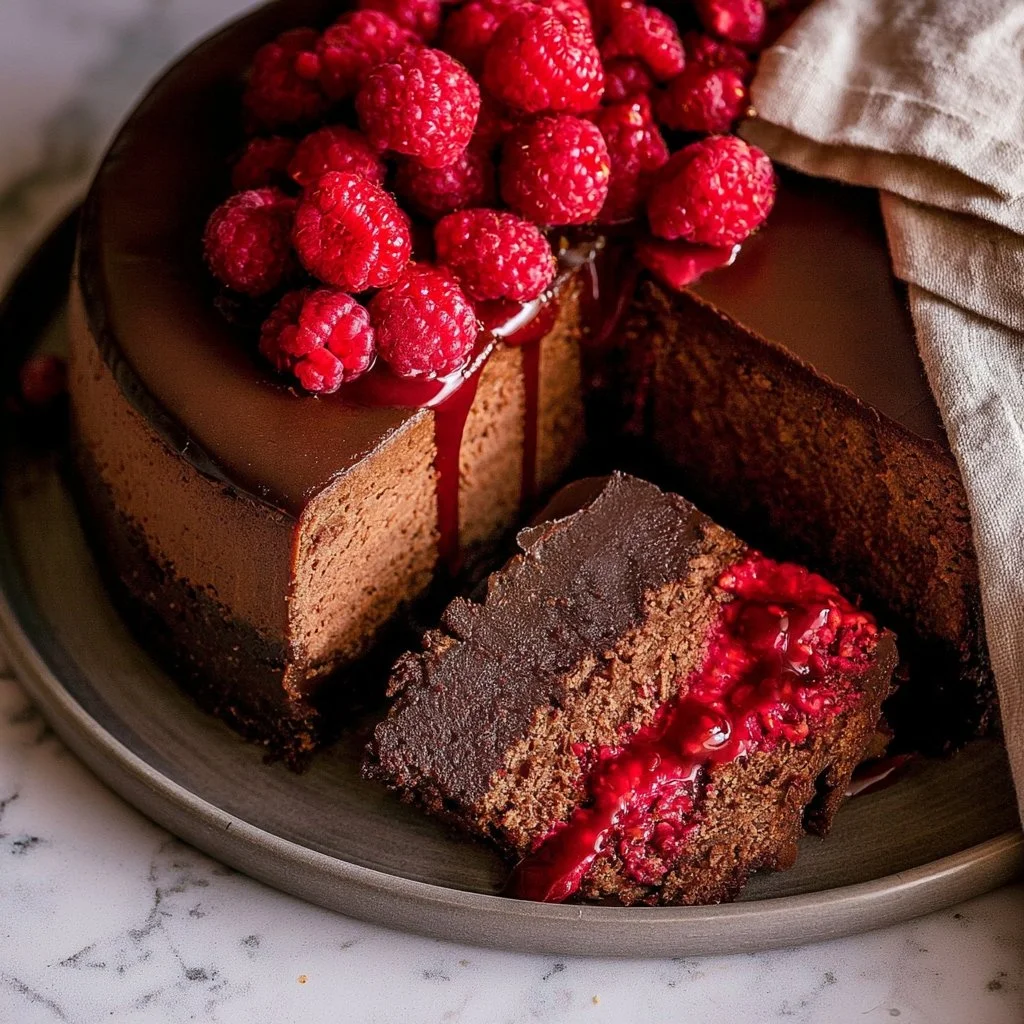 Slice of dark chocolate raspberry cheesecake with berry topping