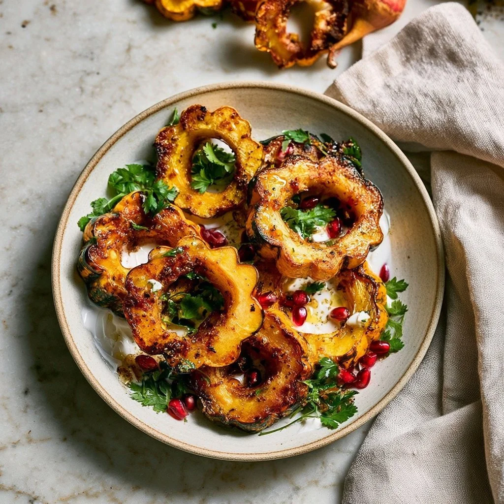 Crispy roasted Delicata Squash rings on a plate for a healthy recipe