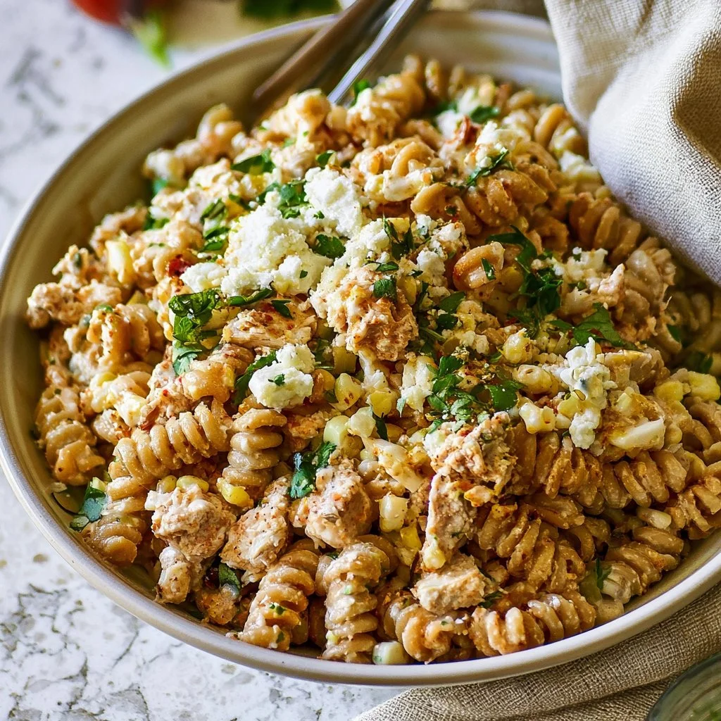 Elote Pasta Salad with Chicken - Creamy and flavorful dish with corn and pasta.