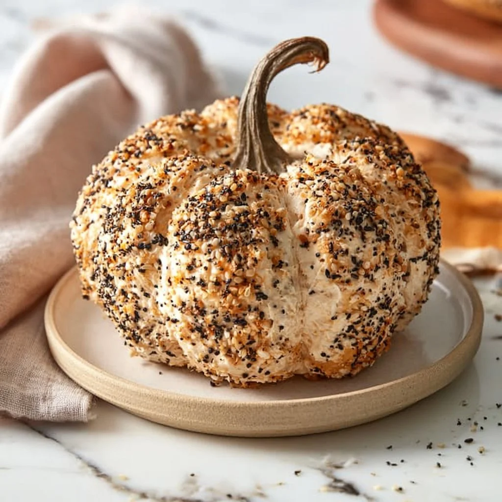 Everything Bagel Cream Cheese Ball shaped like a pumpkin for festive occasions