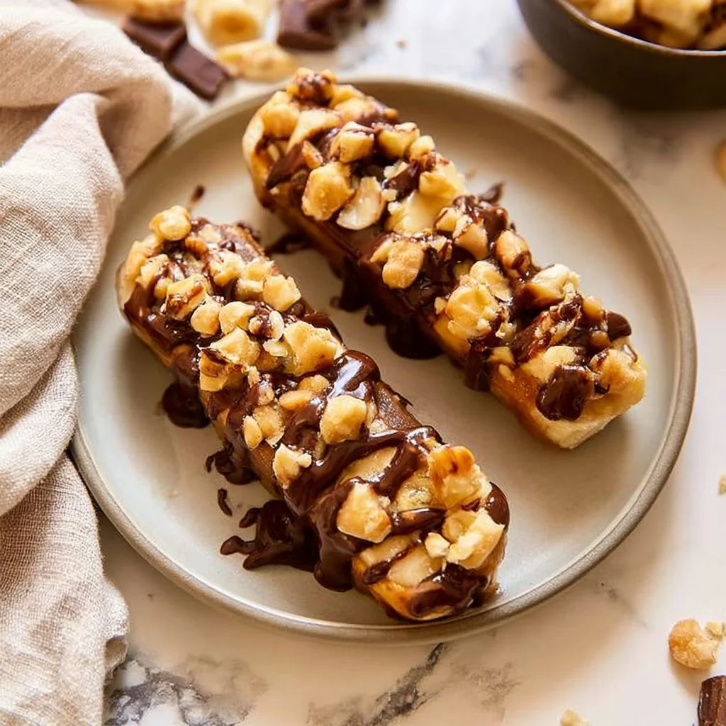 Frozen Banana Snickers dessert with creamy layers and chocolate coating.
