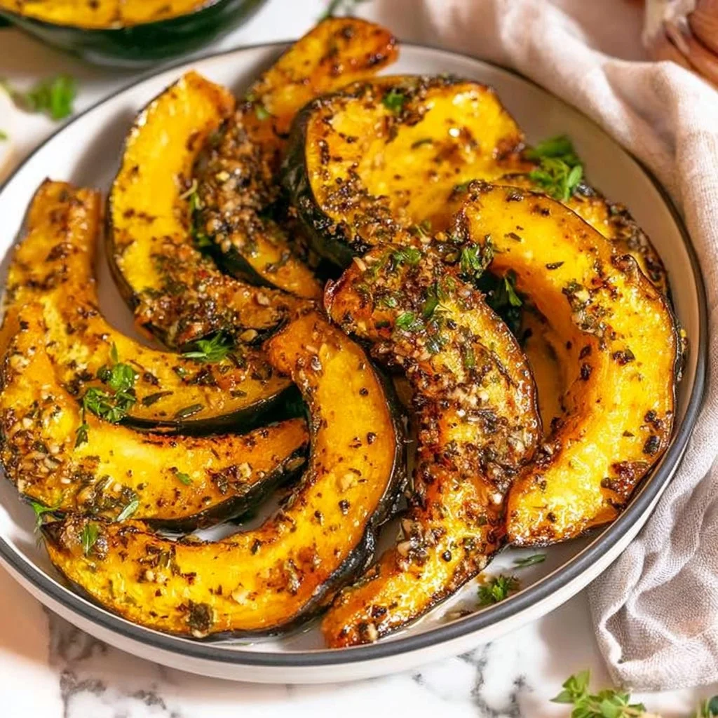 Delicious garlic roasted acorn squash wedges served on a plate
