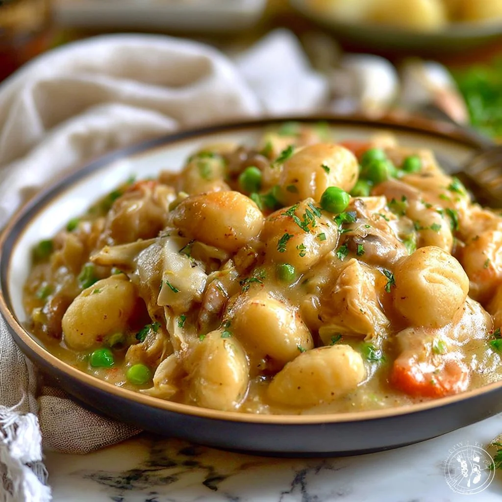 Delicious Gnocchi Chicken Pot Pie in a comforting bowl