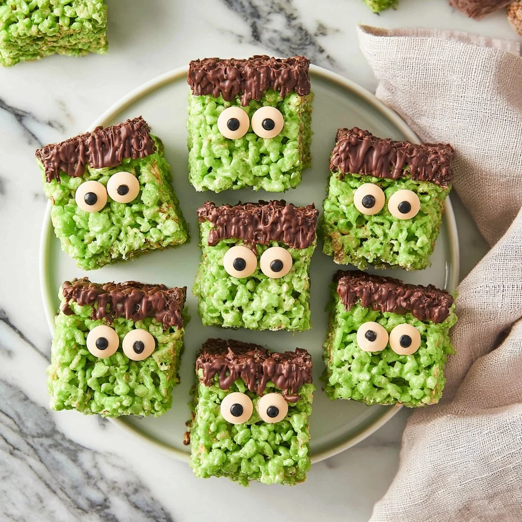 Green Frankenstein Rice Krispie Treats decorated for Halloween