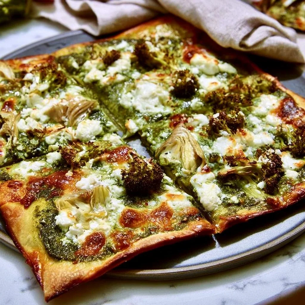 Delicious green pizza with pesto, feta cheese, artichokes, and broccoli