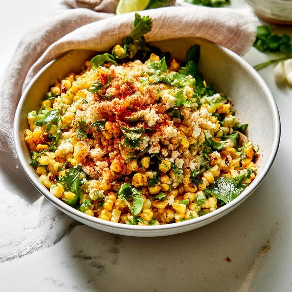 Delicious grilled corn salad topped with cotija cheese and vibrant ingredients