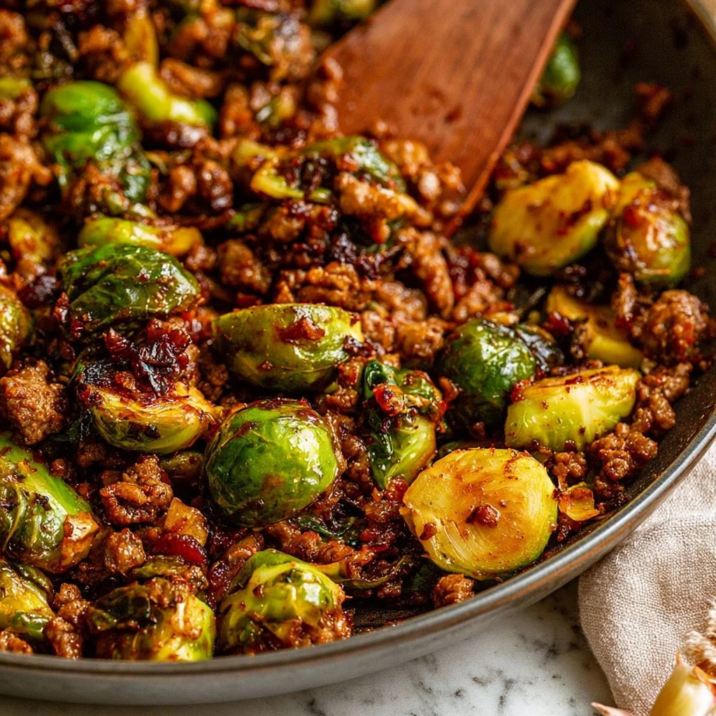 Ground beef stir-fry with fresh Brussels sprouts in a colorful dish