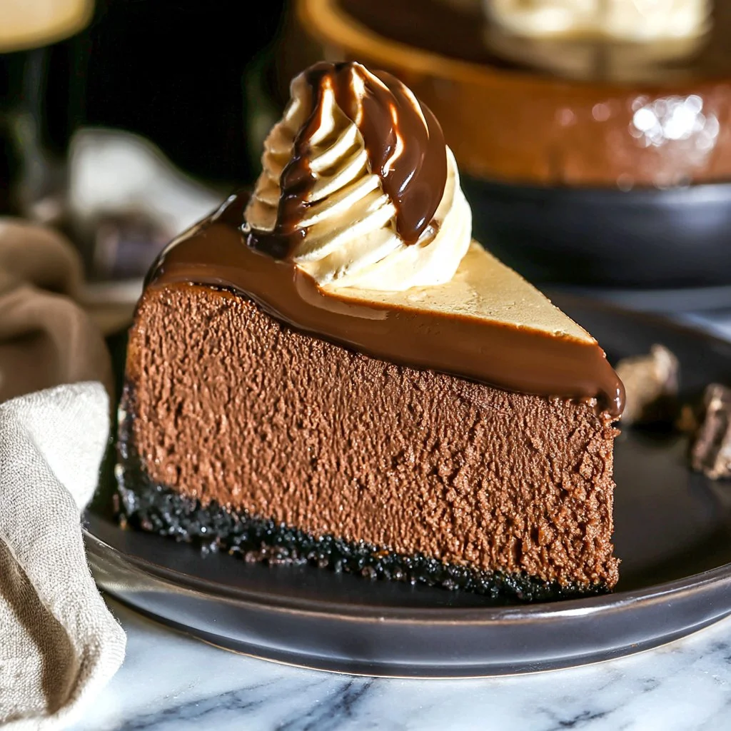 Delicious Guinness chocolate cheesecake topped with chocolate shavings.