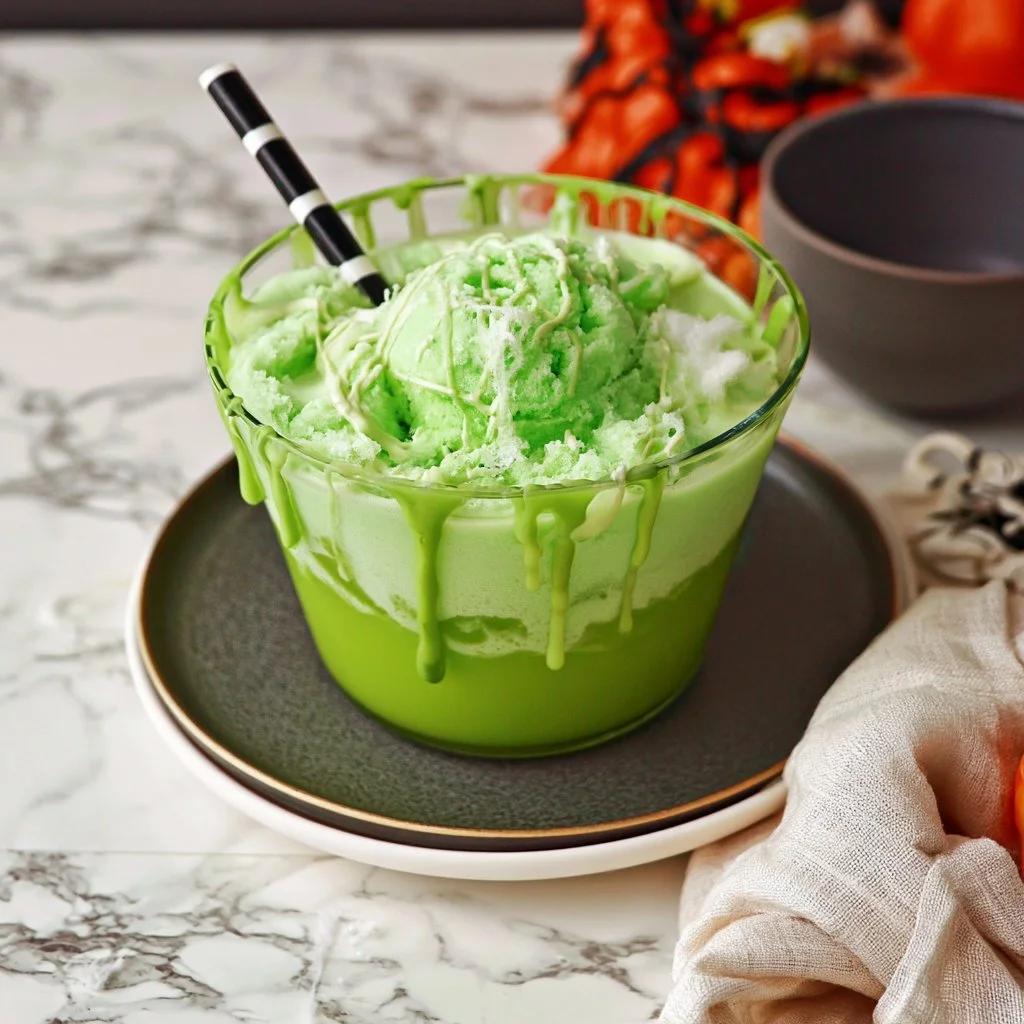 Green Sherbet Witches' Brew Halloween Punch served in a festive glass