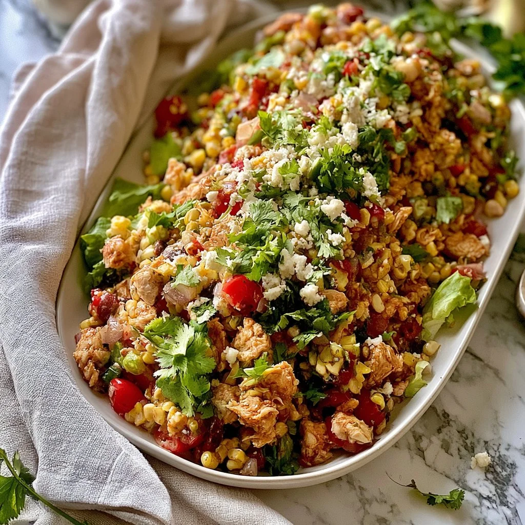 Healthy street corn-inspired chicken salad in a bowl with fresh ingredients