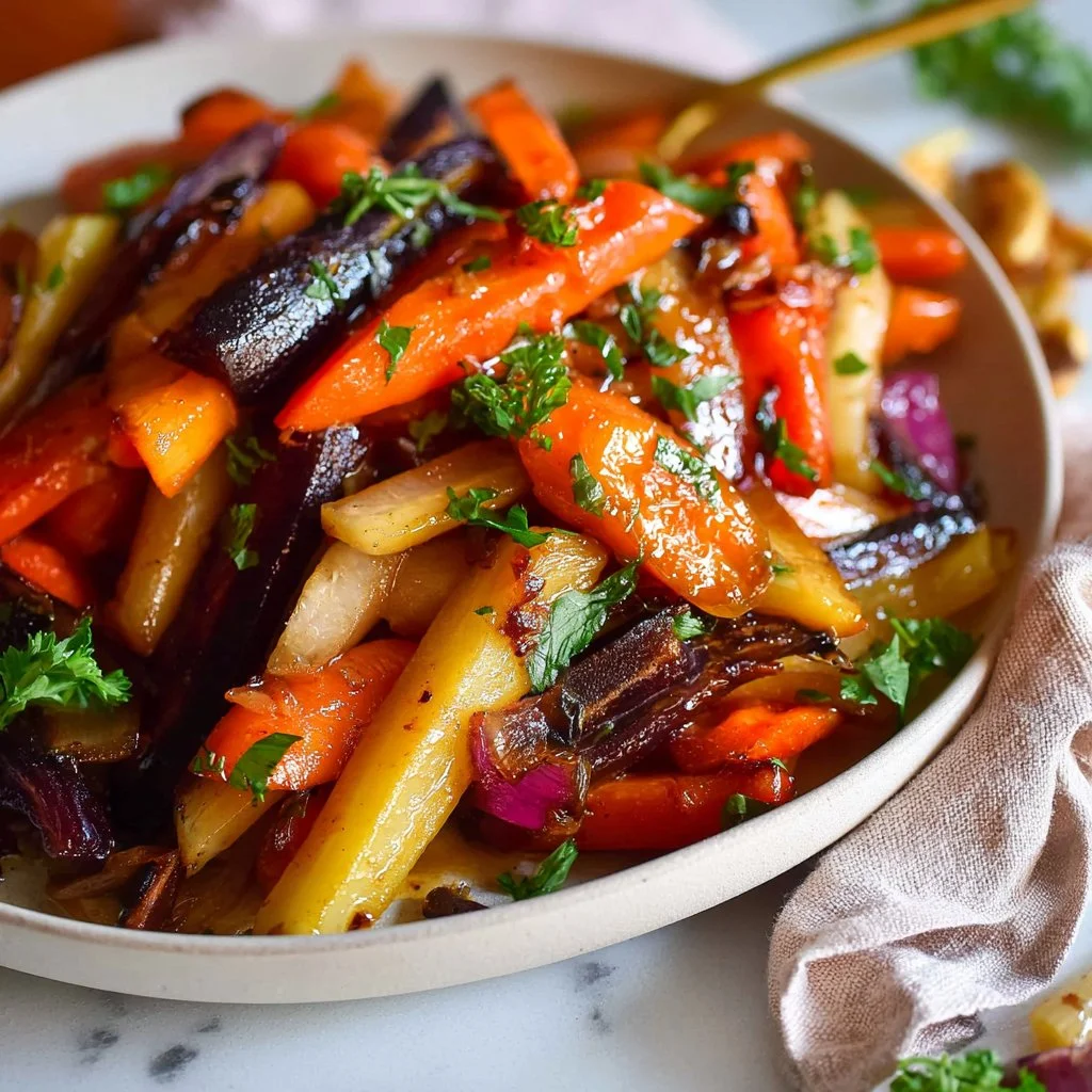 Hot honey glazed rainbow carrots served on a dish, showcasing vibrant colors.