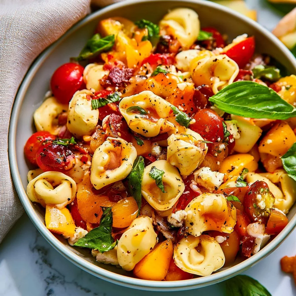 Hot Honey Tortellini Pasta Salad garnished with fresh vegetables and herbs.