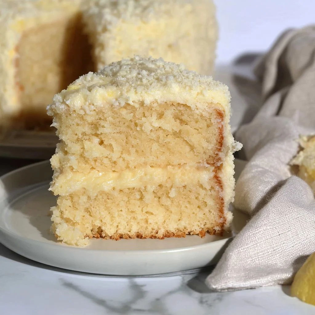 Slice of Italian lemon cream cake with fresh lemons and cream topping