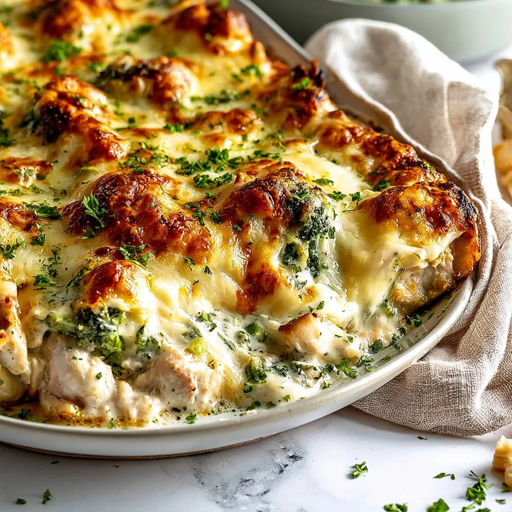 Delicious Keto Chicken Alfredo Bake topped with cheese and herbs.