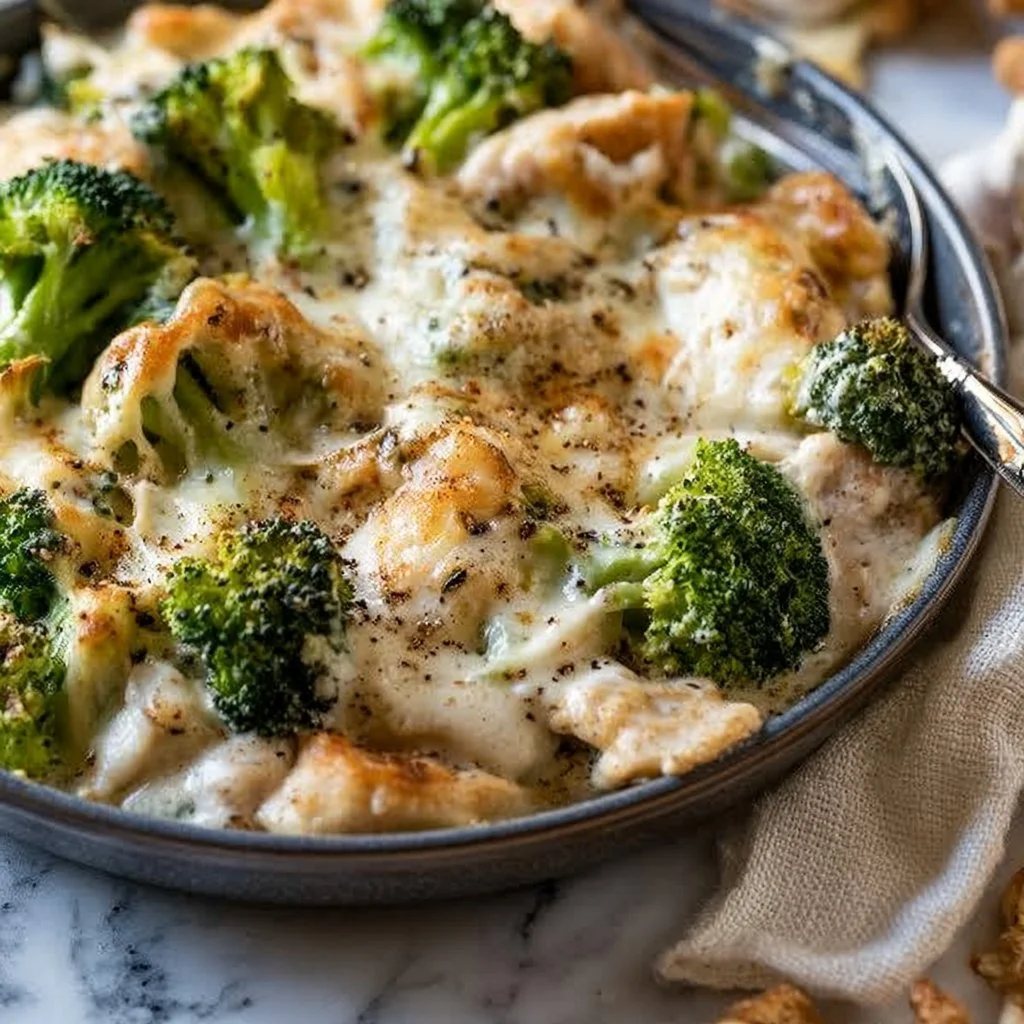 Keto Chicken Alfredo Bake with Broccoli served in a dish