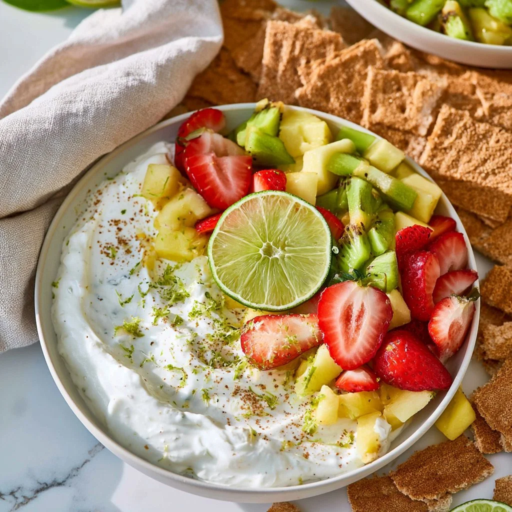 Delicious key lime pie fruit dip with a tangy, creamy texture served in a bowl.