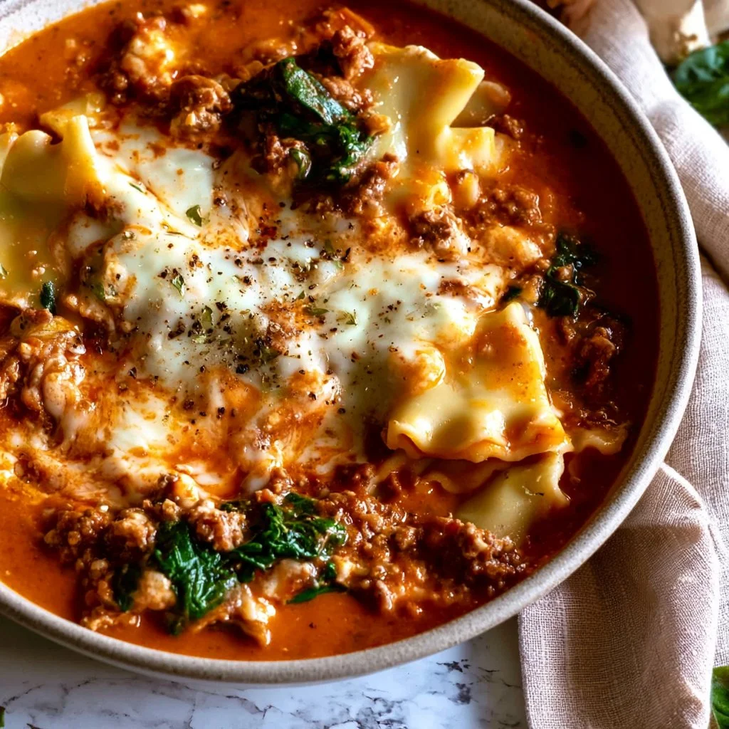 Delicious creamy lasagna soup made in a Dutch oven, topped with cheese and herbs.