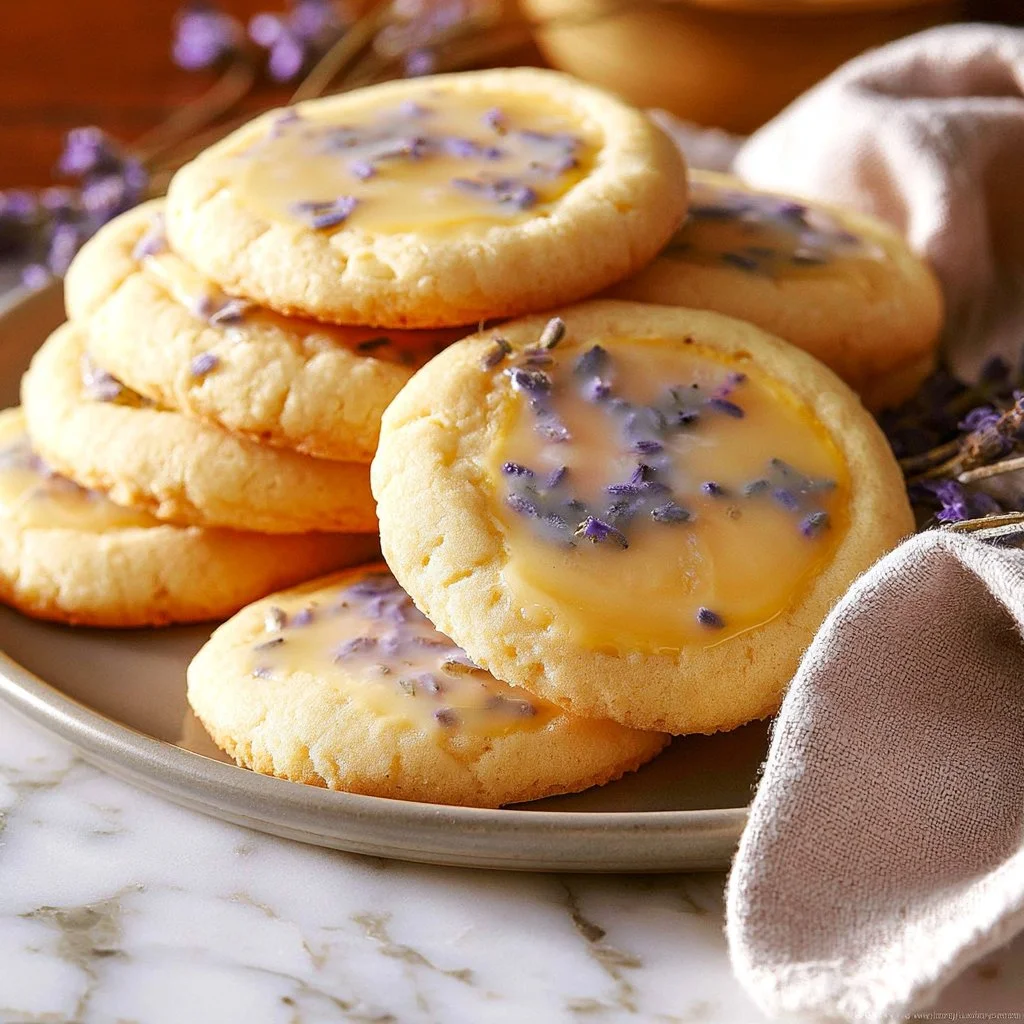 Lemon lavender cookies garnished with lavender and lemon zest on a plate