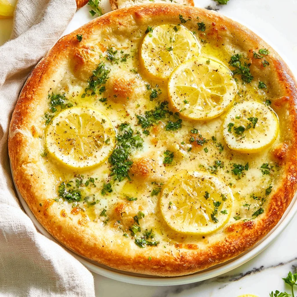 Delicious lemon pizza topped with fresh herbs and zesty sauce.