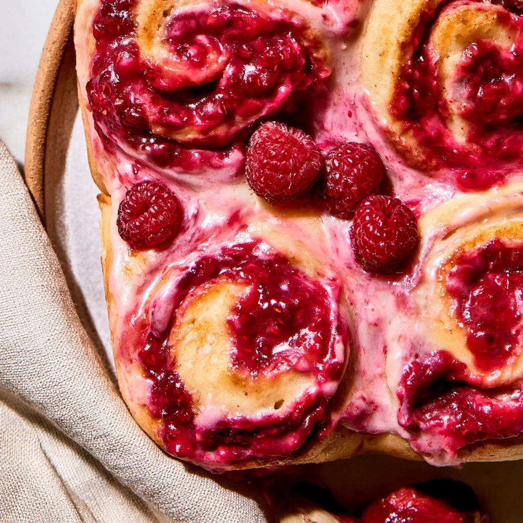 Freshly baked Lemon Raspberry Rolls with tangy filling and sweet swirls