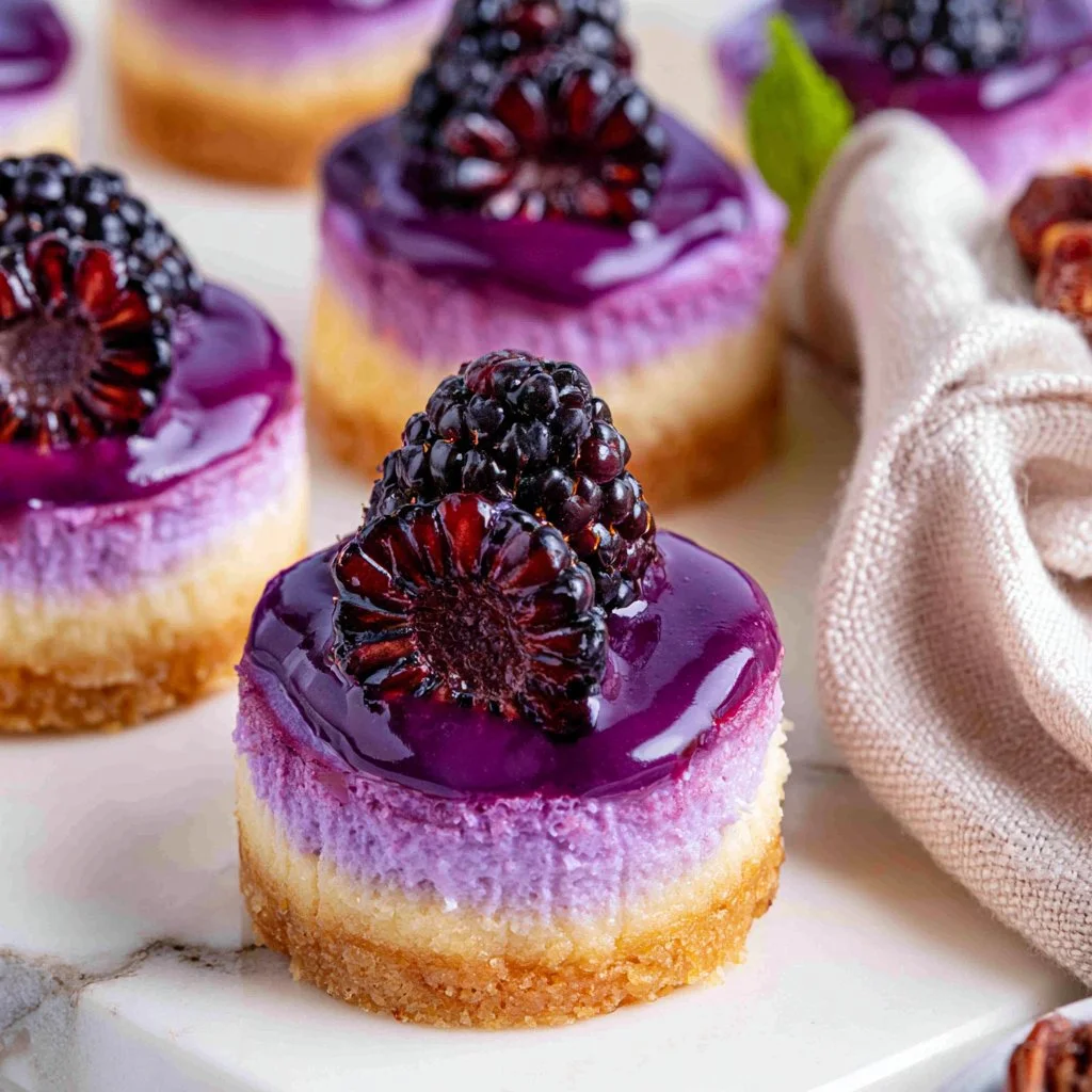 Mini blackberry cheesecakes topped with fresh berries on a plate