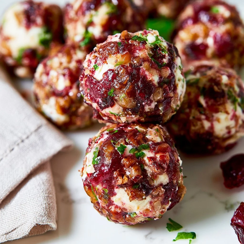 Mini candied pecan cranberry goat cheese balls on a platter
