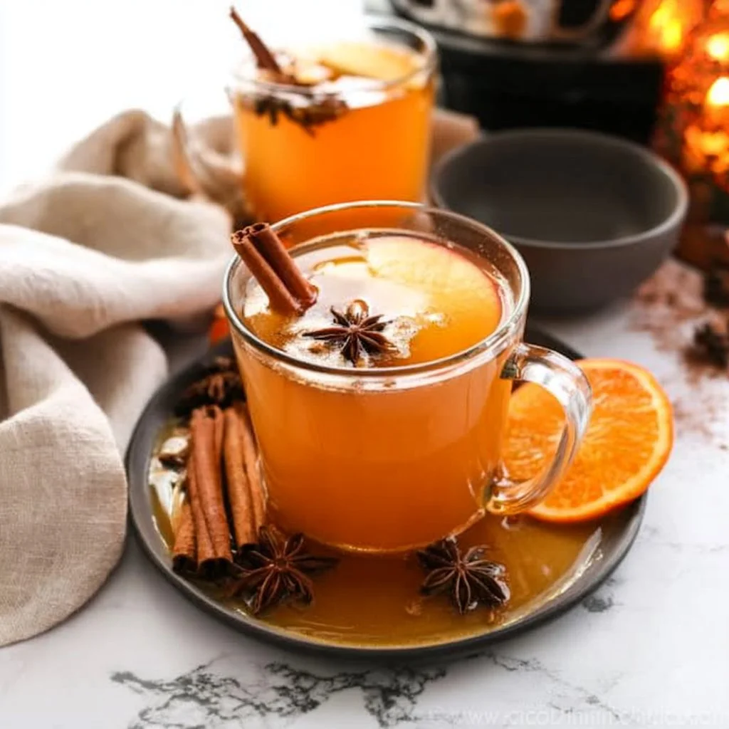 Crockpot mulled apple cider with star anise and spices in a warm setting