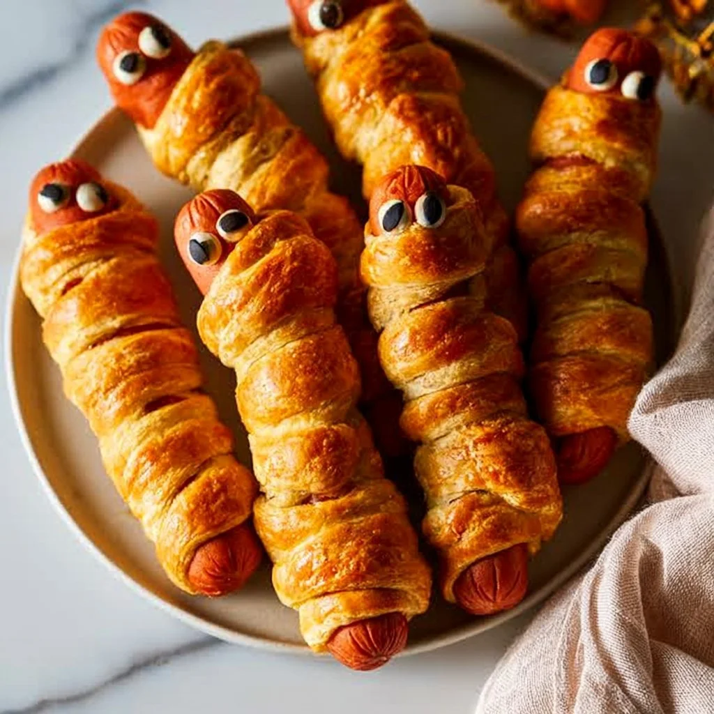 Mummy hot dogs wrapped in crescent rolls, a spooky Halloween snack.