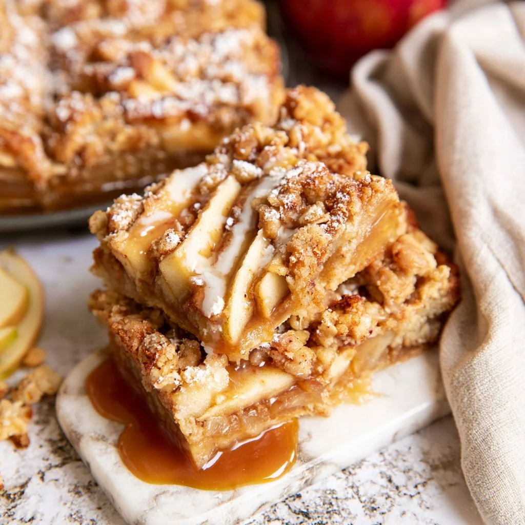 Delicious oatmeal apple pie bars with apples and spices on a dessert plate