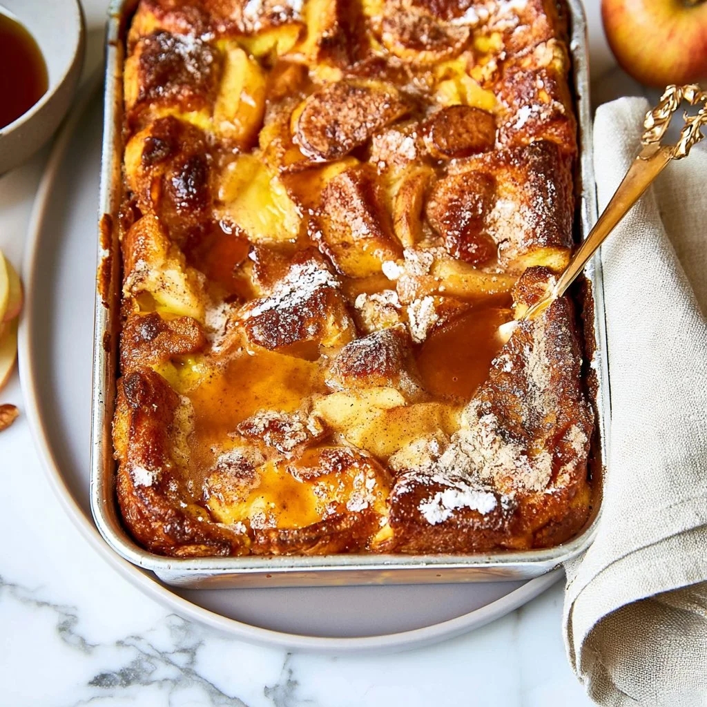 Overnight Apple Cinnamon Brioche French Toast Bake with caramelized apples and cinnamon