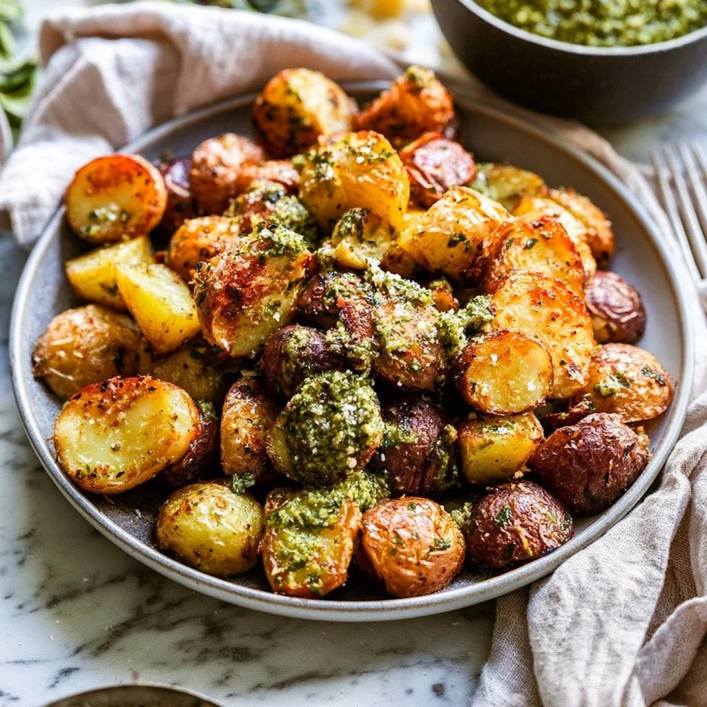 Crispy Parmesan Pesto Roasted Potatoes garnished with fresh basil on a plate