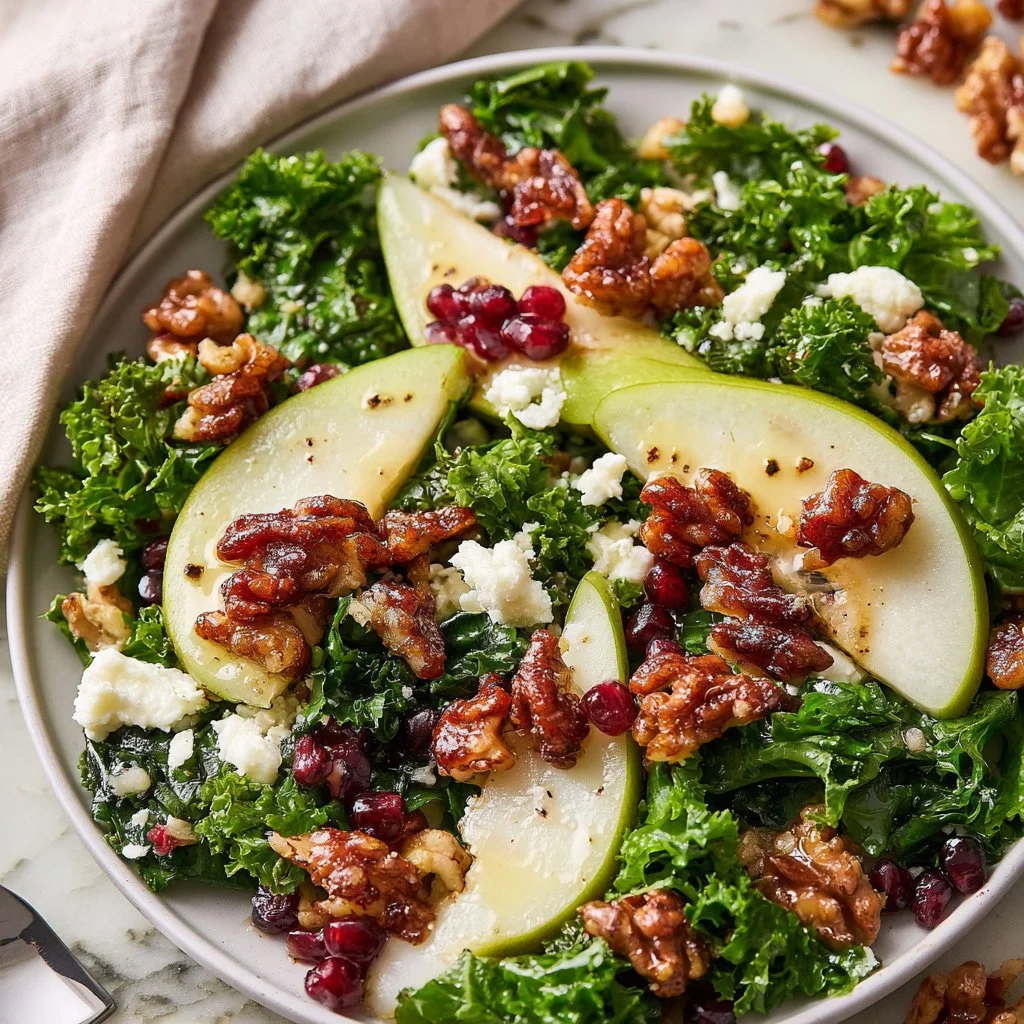 Fresh pear salad topped with candied walnuts and vibrant greens