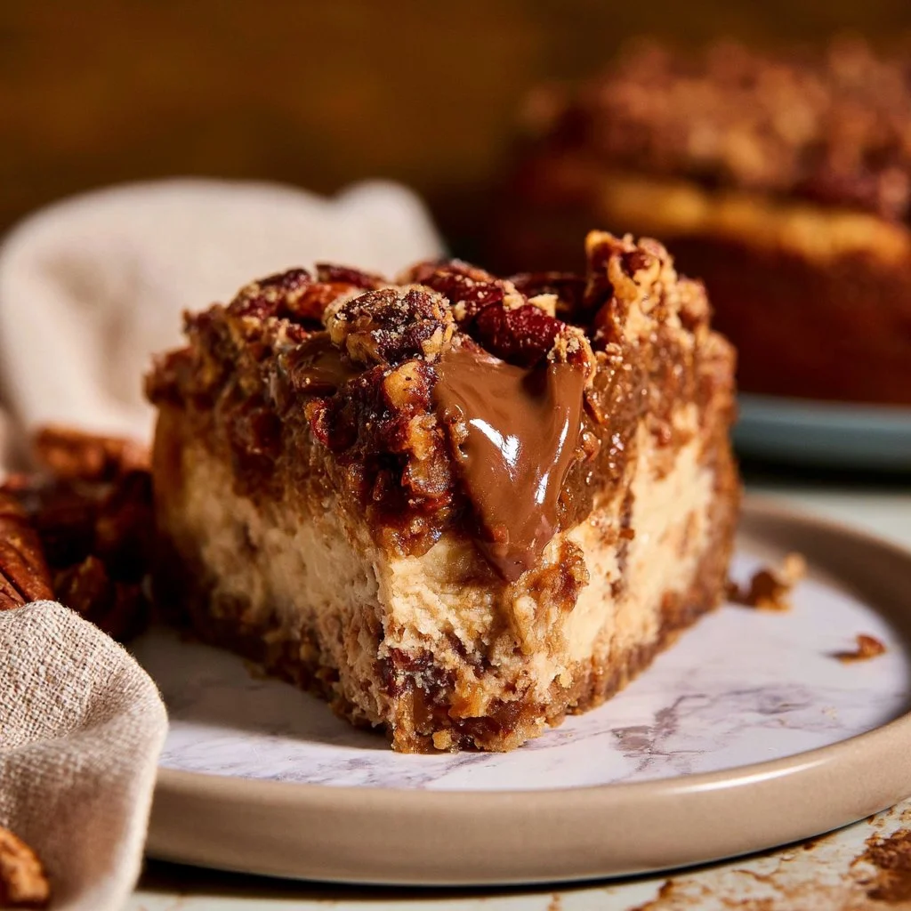 Deliciously rich pecan pie cheesecake slice topped with pecans