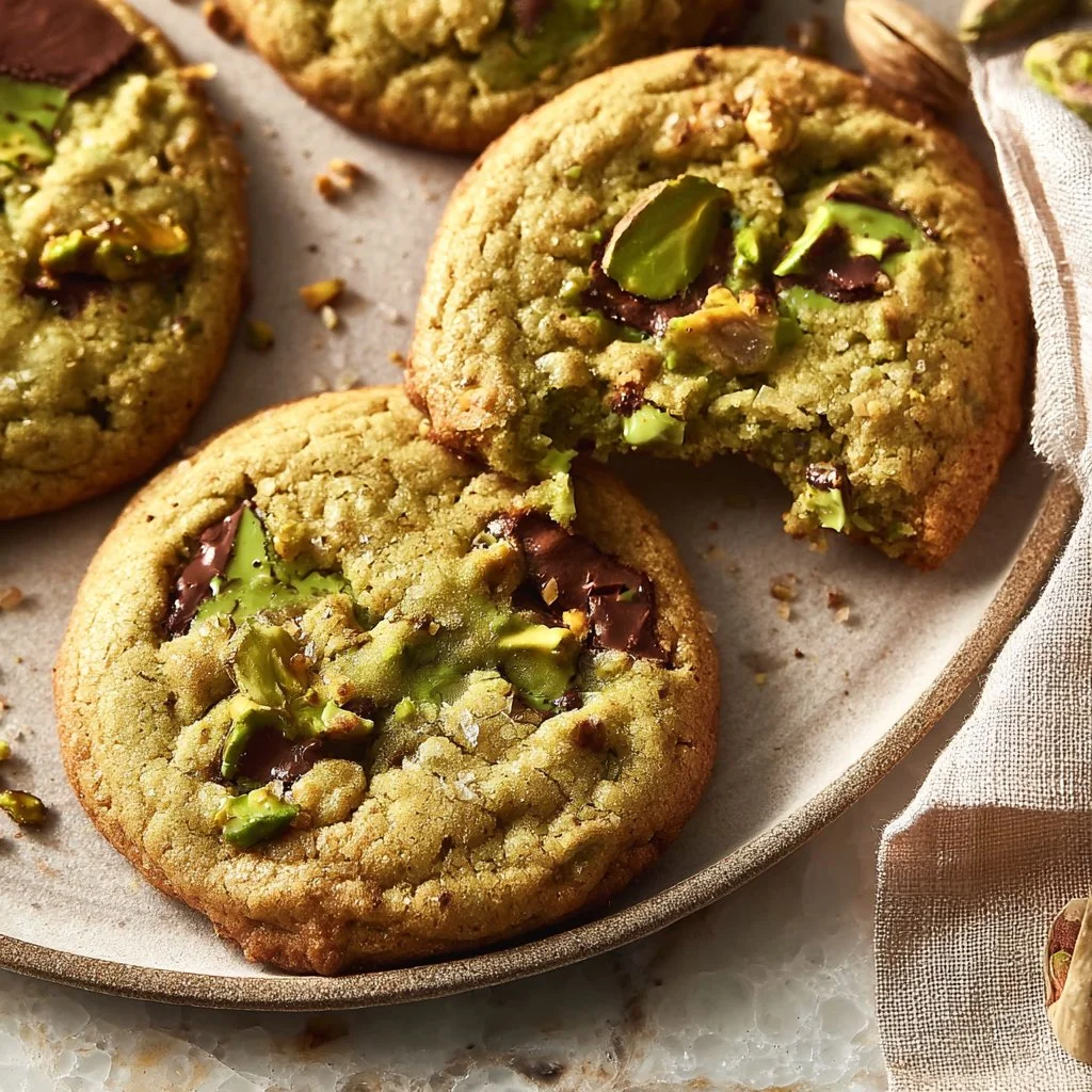 Delicious pistachio cream cookies topped with crushed pistachios on a plate.