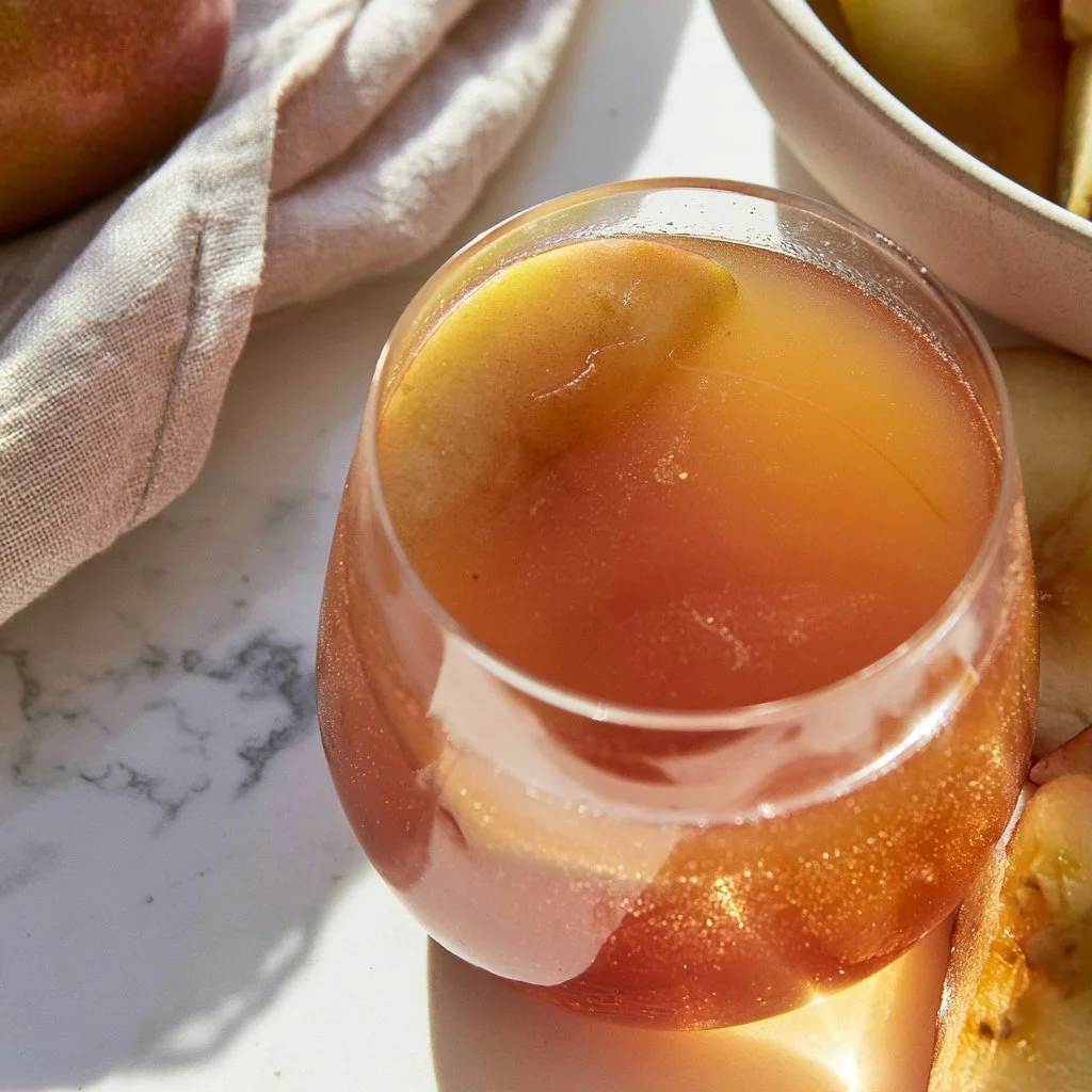 Poison Apple Cider Sparkler Mocktail served in a glass with garnishes