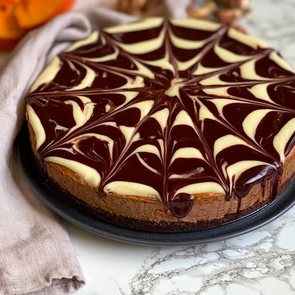 Pumpkin Cheesecake with Chocolate Swirl Spiderweb dessert