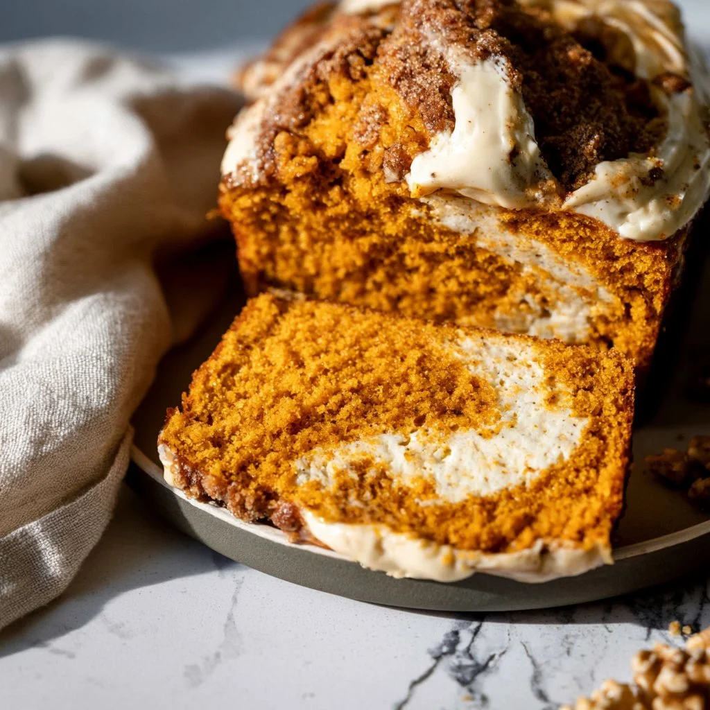 Freshly baked Pumpkin Cream Cheese Swirl Bread with a creamy swirl