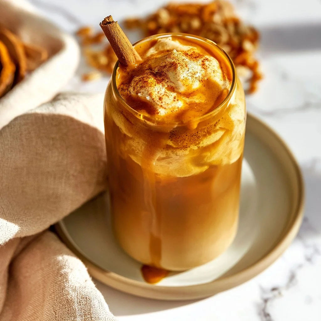 Homemade Pumpkin Cream Cold Brew in a glass topped with foam and spice