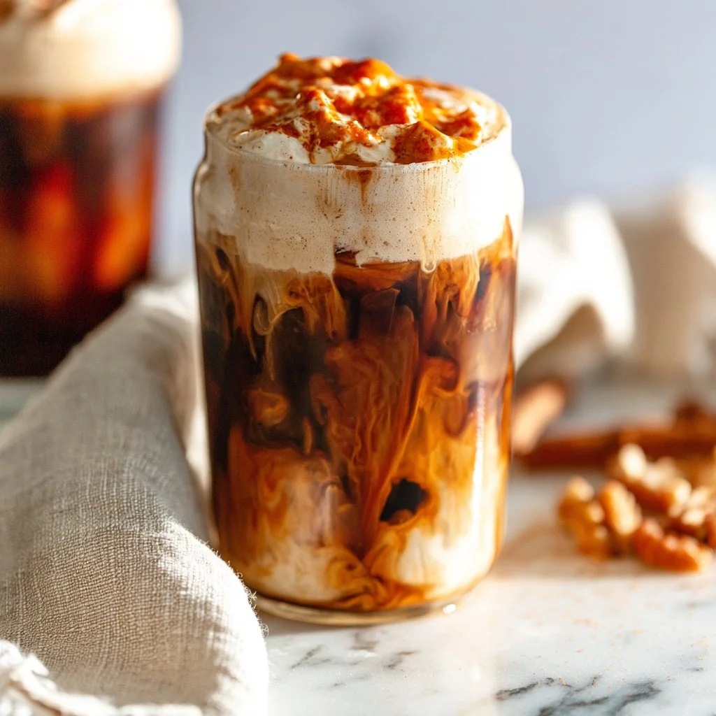 Delicious pumpkin cream cold brew in a cozy autumn setting